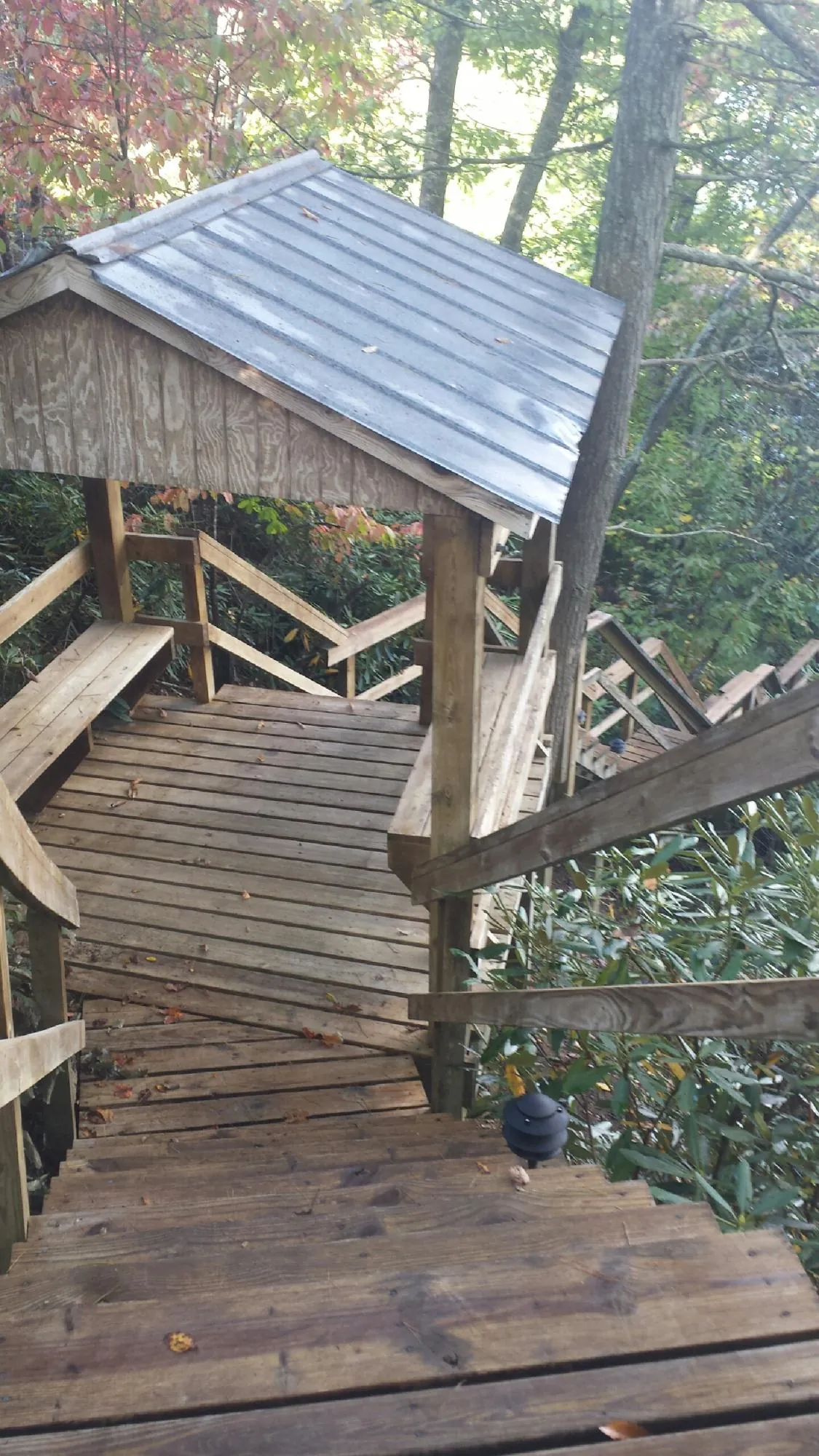Metal roofed shelter over wooden steps on a wooded walkway — Skylight Repair & Installation work by our crew in Allgood
